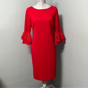 CALVIN KLEIN RED dress with 3/4 Bell sleeves women’s size 8 wedding guest